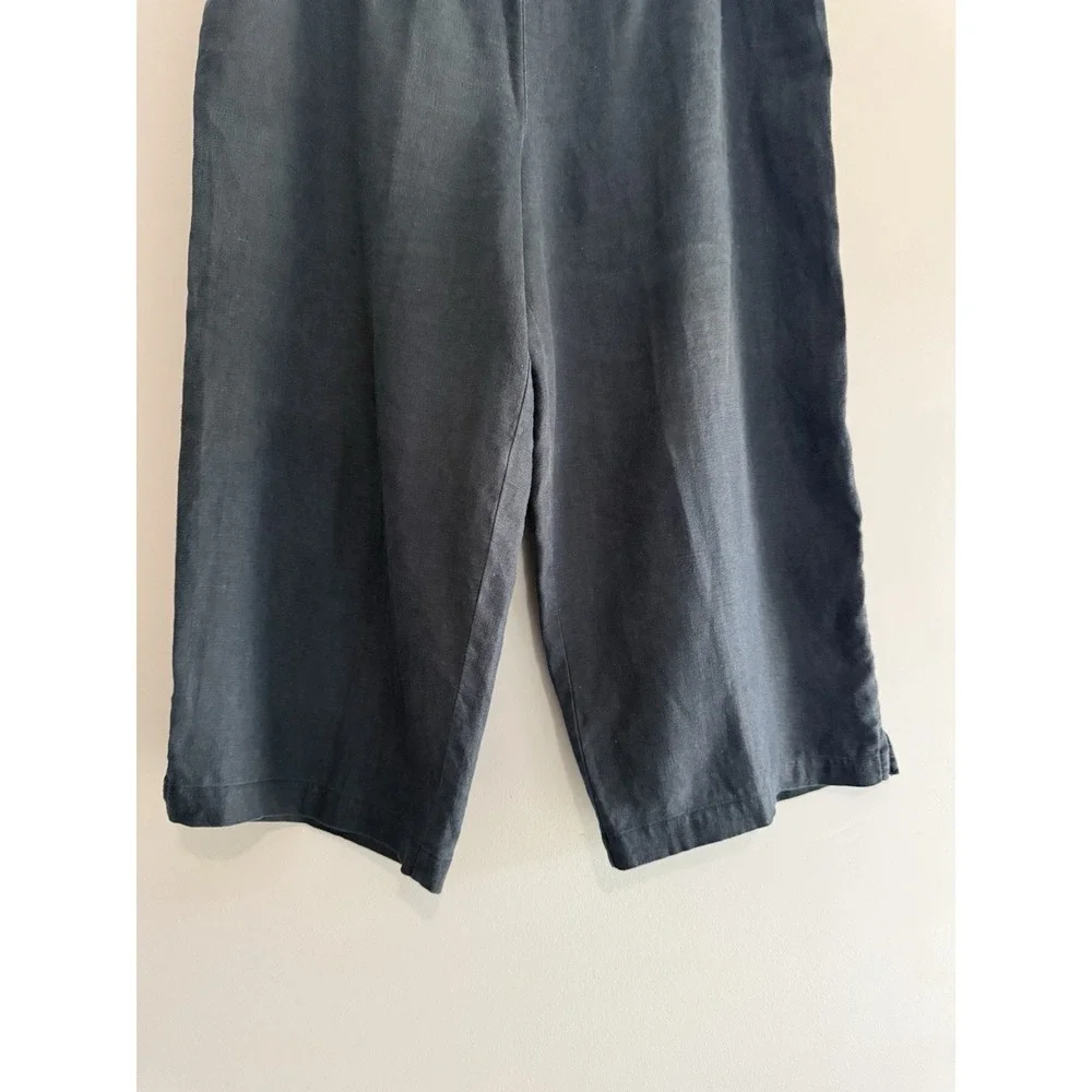 Tahari 100% Linen Pants Wide Leg Black Crop Pull On Beach Lagenlook Classic - Picture 6 of 14